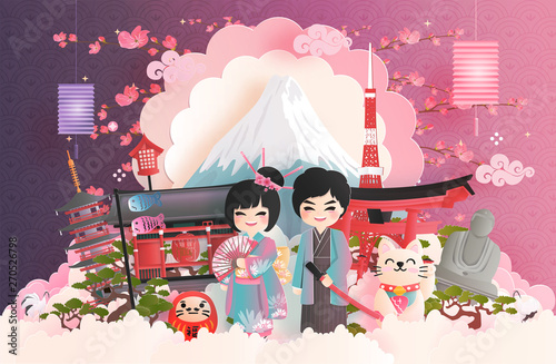 Travel postcard, poster, tour advertising of world famous landmarks of Japan with Fuji mountain and Japanese people in Kimono dress in paper cut style. Vector illustration 