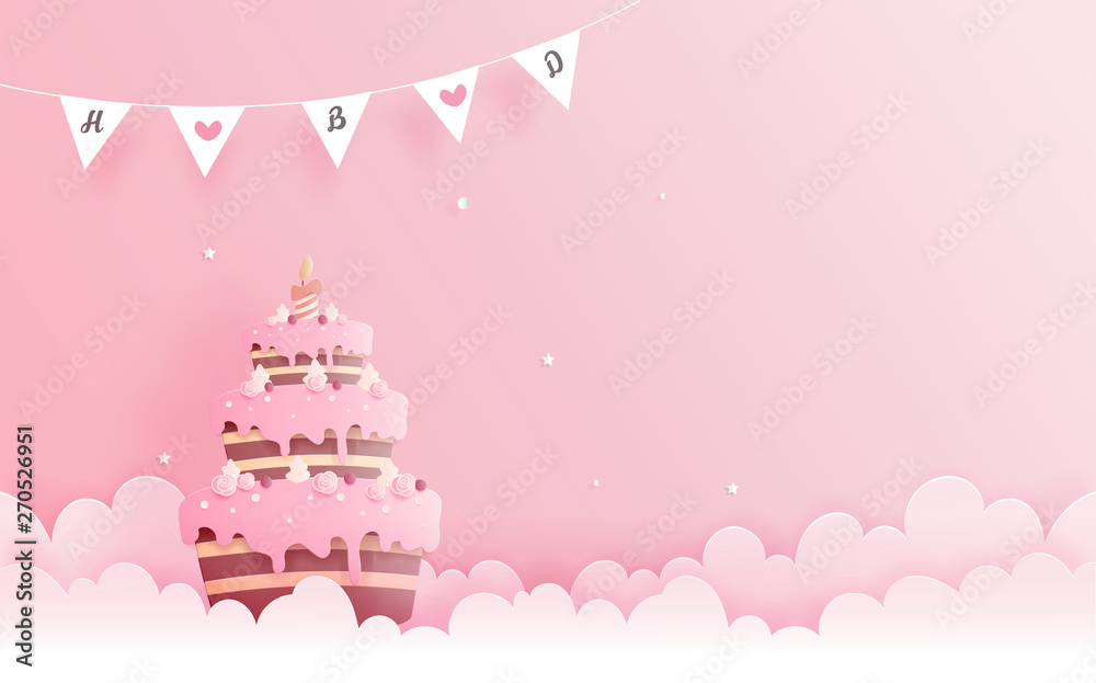 Birthday card in paper cut style vector illustration.
