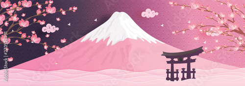 Autumn season with falling Sakura flower and Fuji mountain in Japan world famous landmarks in paper cut style vector illustration