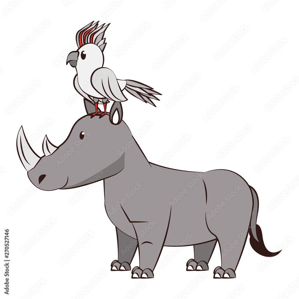 exotic bird on rhino wildlife cute animal cartoon