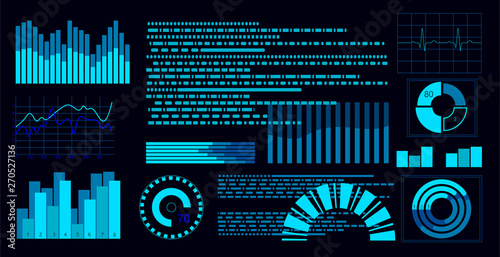 Flat blue HUD virtual dashboard display. User interface touch screen. Graph trend diagram. Data analysis augmented reality helmet control panel. Future technology vector illustration