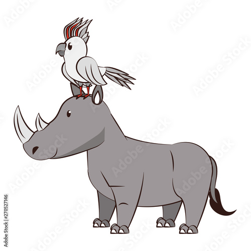 exotic bird on rhino wildlife cute animal cartoon