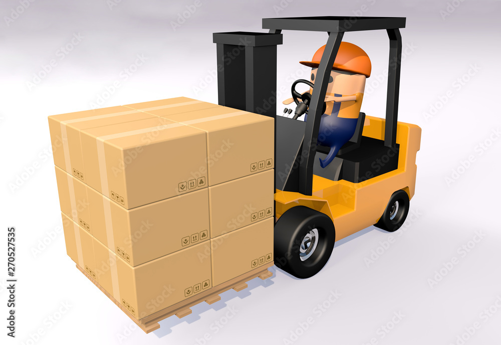 3D cartoon driving forklift to carry the brown paper card box stack on the wood pallet against white background