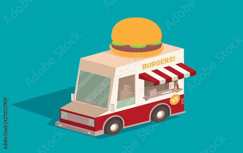 Street food truck vector illustration, food caravan. Burger van delivery. Flat icon isometric