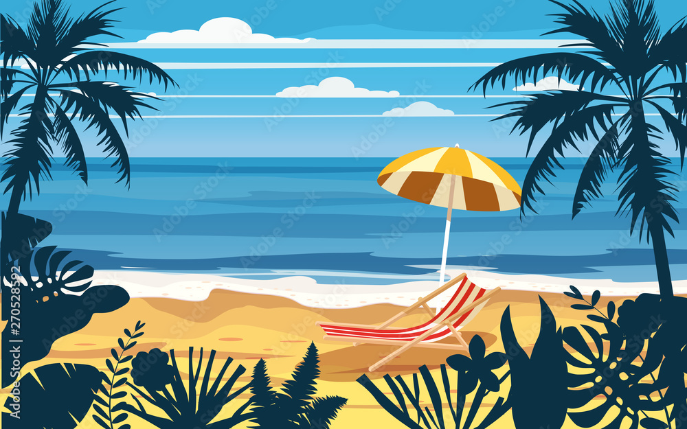 Time to travel ocean sea beach, coast, palm leaves umbrella, beach chair