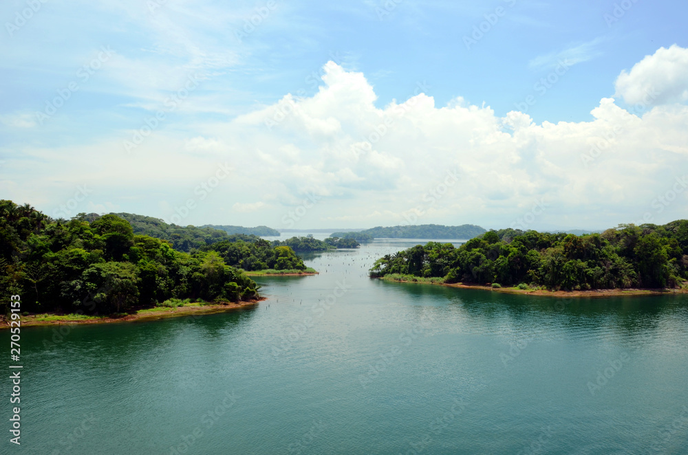 Landscapes of the Panama canal, view from the transiting cargo ship.