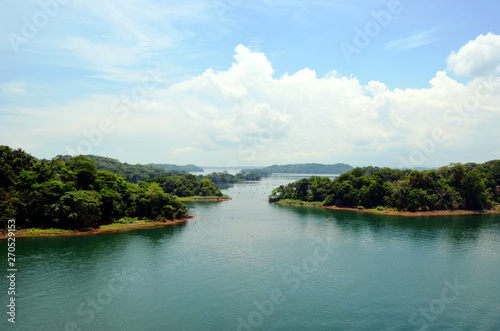 Landscapes of the Panama canal, view from the transiting cargo ship.