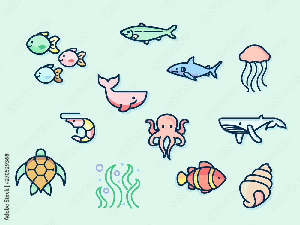  Vector illustration of a sea life and underwater elements. Contains such as Nautical Creatures, fish, seaweed, turtle, shark and more. flat illustration style line drawing and background color blue.