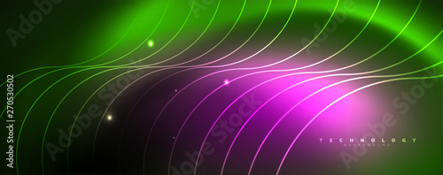 Shiny neon lines template - northern lights glowing blur lines. Futuristic style glow neon 80s disco club or night party techno template