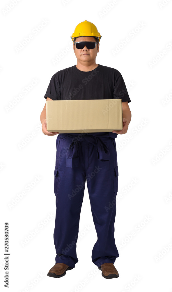 worker in Mechanic Jumpsuit Was carrying a box isolated on white background worker in Mechanic Jumpsuit Was carrying a box isolated on white background