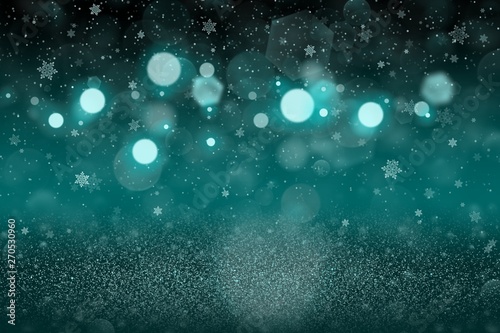 light blue pretty bright glitter lights defocused bokeh abstract background with falling snow flakes fly, festival mockup texture with blank space for your content © Dancing Man