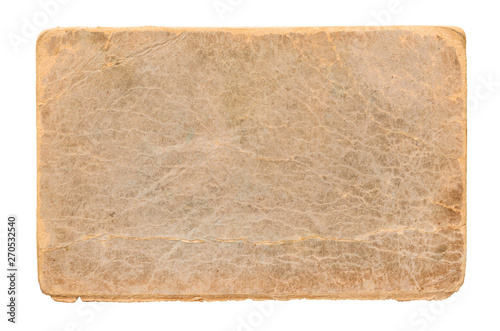 Old shabby cracked empty rectangular yellowed cardboard, card, book cover isolated on white background.