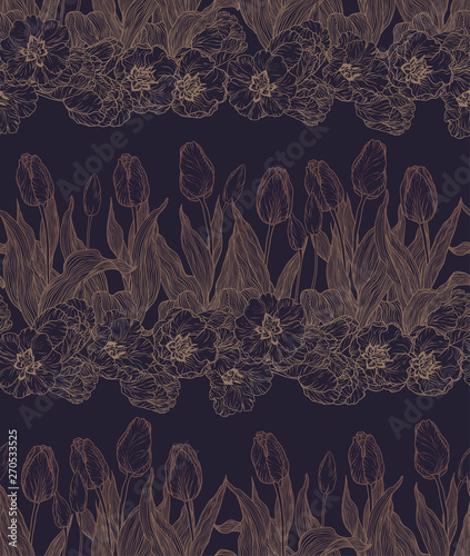Seamless vector pattern with flowers in horizontal lines