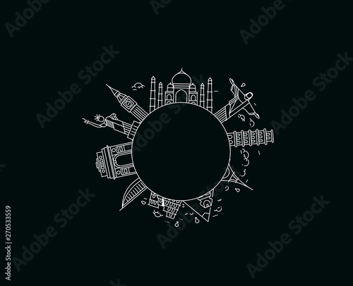 Travel the world monument concept - Flat Line Art Design.