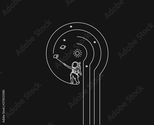 Astronaut make selfie - Flat Line Art Design Illustration.