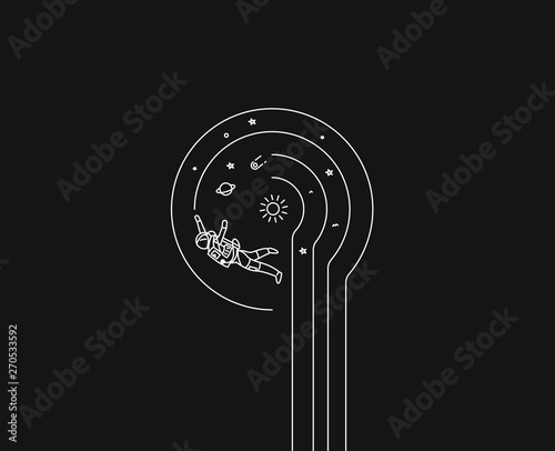Astronaut falling down in a space - Flat Line Art Design Illustration.