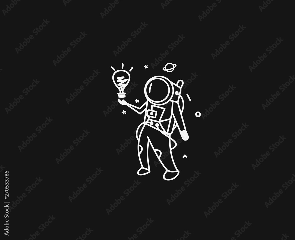 Astronaut Man looking at light idea bulb, Cartoon Flat Line Art Vctor Illutration.