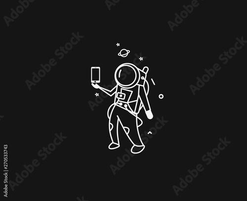 Astronaut make selfie - Flat Line Art Design Illustration.