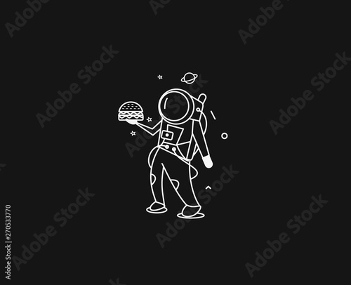 Astronaut Holding Birthday Cake - Flat Line Art Design Illustration.