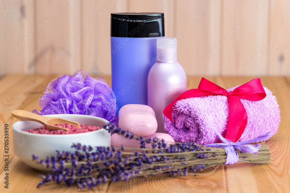 set of spa treatments with natural lavender still life close-up set of spa treatments with natural lavender still life close-up