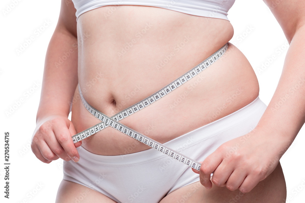 fighting obesity - fat belly close up covered with measuring tape