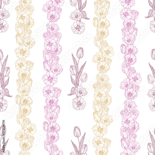 Vertical lines with tulip flowers seamless pattern