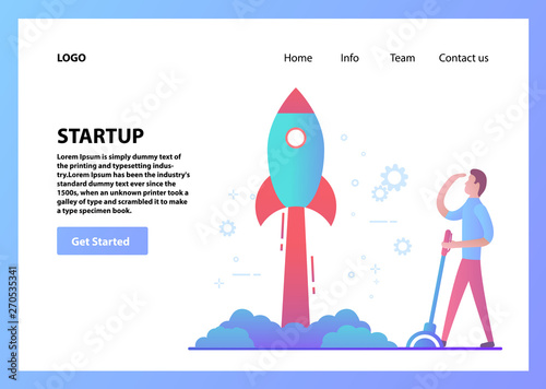 Landing page template.Concept web page design.Businessman launches rocket.Business new technologies.Flat vector.