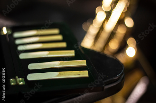 Εκτύπωση καμβά Reeds of the saxophone ready for use in the opened case, Reed case of woodwind i