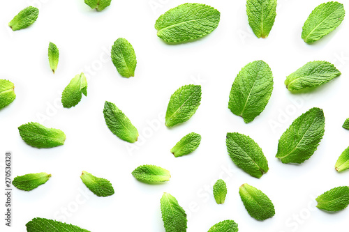 Green mint leaves on white background