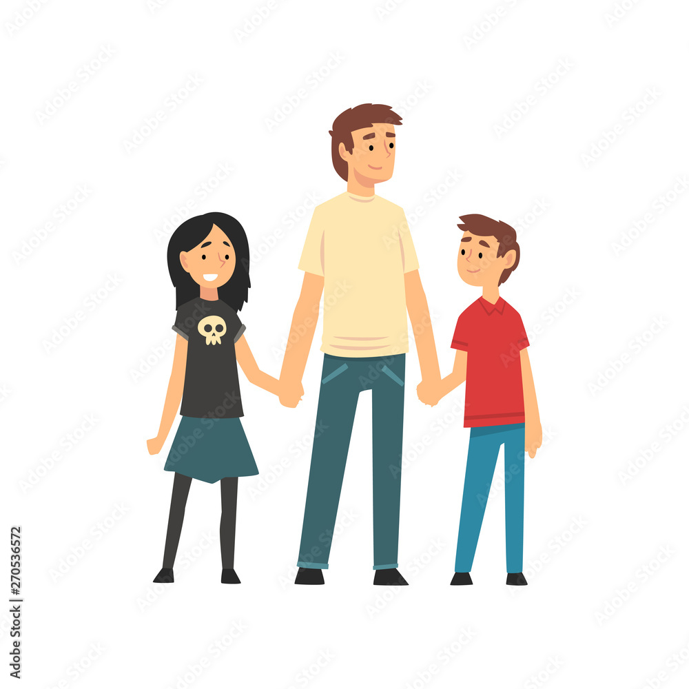 Dad, Son and Daughter Holding Hands, Father and His Children Having Good Time Together, Happy Family Cartoon Vector Illustration