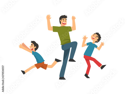 Father Playing with Sons, Dad and His Children Having Good Time Together, Happy Family, Best Dad Cartoon Vector Illustration