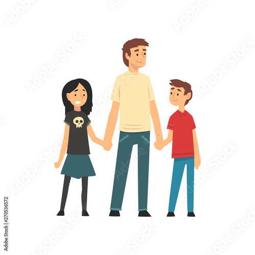 Dad, Son and Daughter Holding Hands, Father and His Children Having Good Time Together, Happy Family Cartoon Vector Illustration