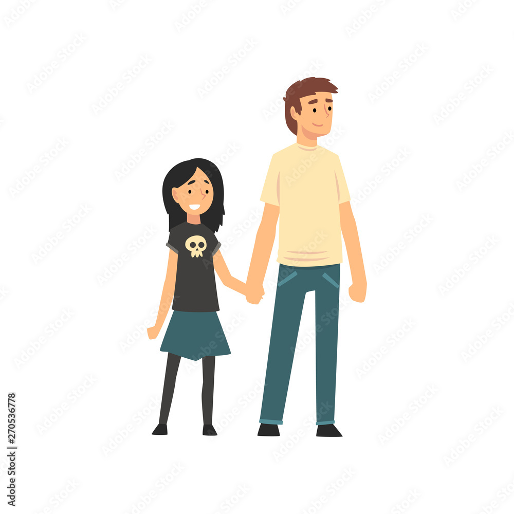 Dad and Son Holding Hands, Father and His Child Having Good Time Together, Happy Family Cartoon Vector Illustration