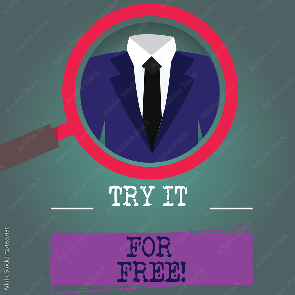 Word writing text Try It For Free. Business concept for Trial at not any cost Offer promotion big discount Magnifying Glass photo Enlarging Inspecting a Tuxedo and Label Tag Below Word writing text Try It For Free. Business concept for Trial at not any cost Offer promotion big discount Magnifying Glass photo Enlarging Inspecting a Tuxedo and Label Tag Below