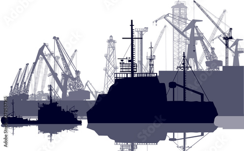 ships and cranes in seaport isolated on white