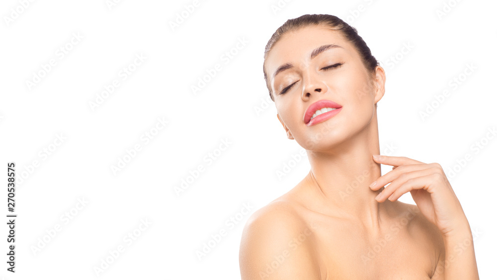Spa concept. Woman touching clean skin on her neck. Natural beauty Spa concept. Woman touching clean skin on her neck. Natural beauty