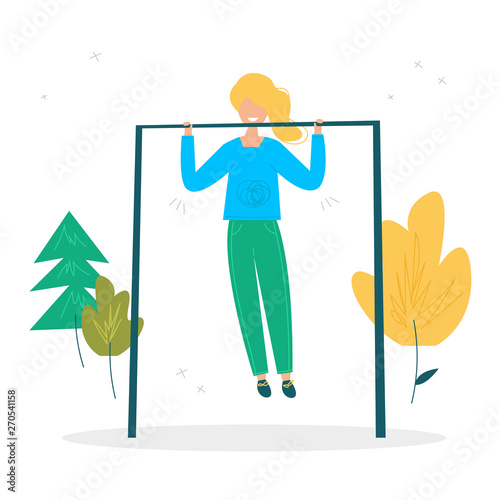 Girl pulls herself up on the horisontal bar. Summer sport illustrations collection. Girl power. Active lifestyle concept