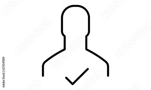 User profile sign web icon with check mark glyph. User authorized vector illustration design element. Flat style design icon. Account verified icon. Checked verified profile symbol. User accepted. Ok 