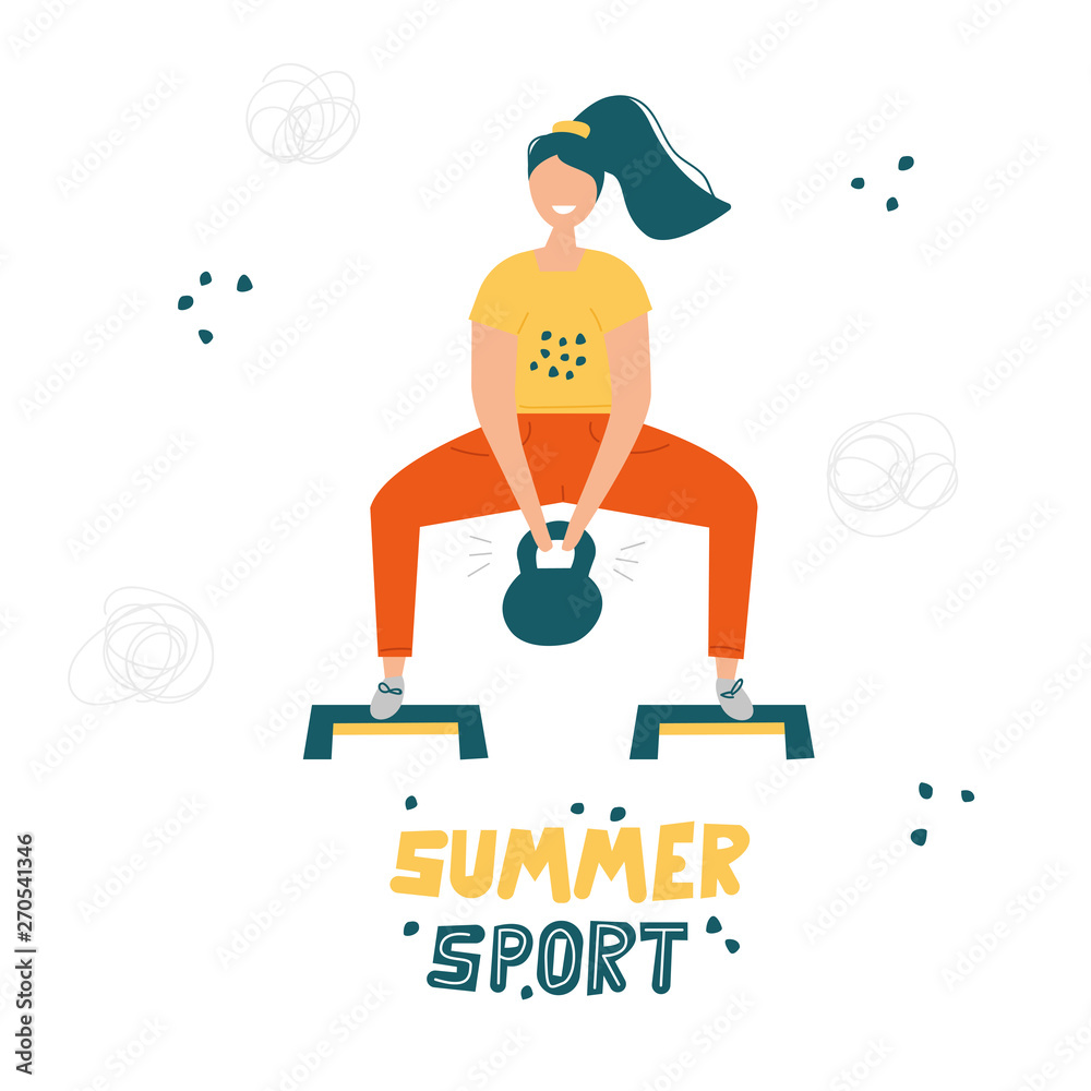 Girl squats with a weight standing on step platforms. Summer sport illustrations collection. Girl power. Active lifestyle concept Girl squats with a weight standing on step platforms. Summer sport illustrations collection. Girl power. Active lifestyle concept
