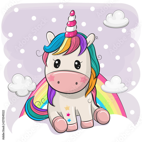 Cartoon Unicorn is sitting on clouds