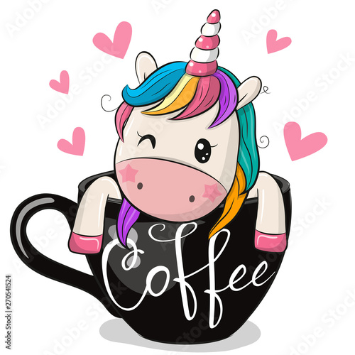Cartoon Unicorn is sitting in a Cup of coffee