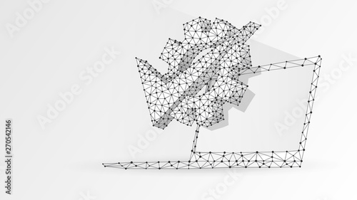 Gear check mark on laptop screen. Business solution, technology approved, machine choice concept. Abstract, digital, wireframe, low poly mesh, Raster white origami 3d illustration. Triangle, line, dot