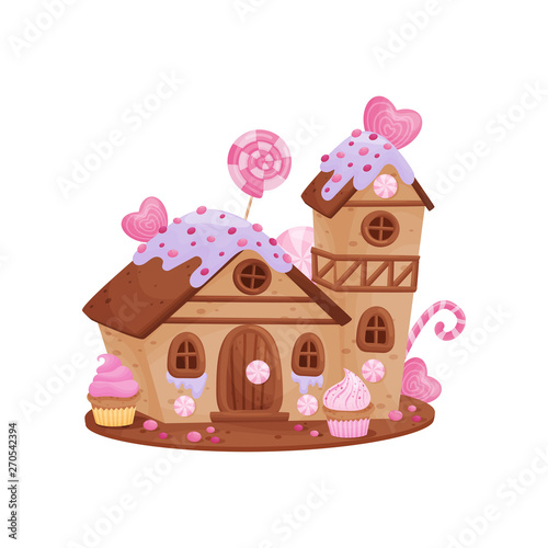 Gingerbread house with a tower. Vector illustration on white background.