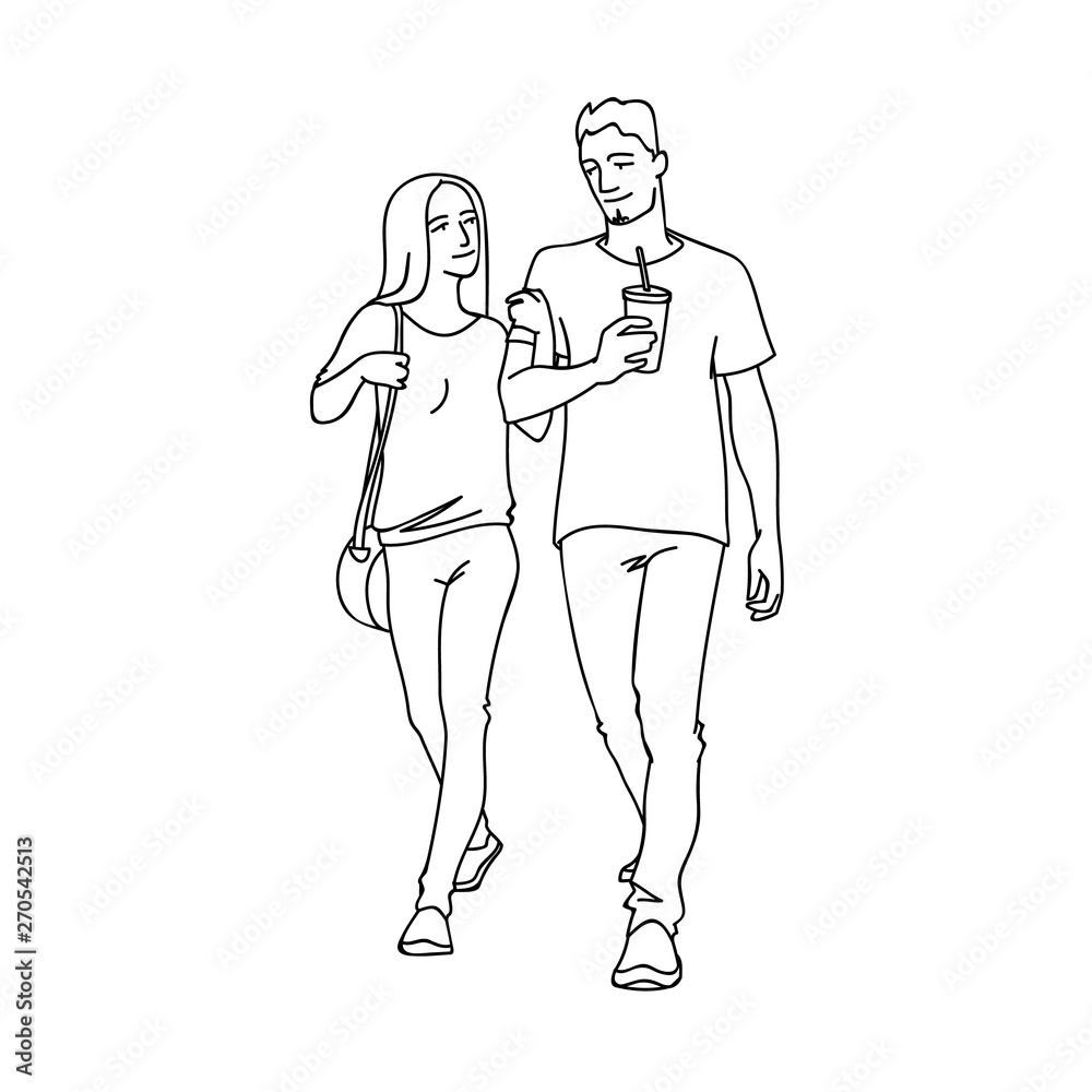 Tall man with cup of soda and woman walking with him by the hand. Monochrome vector illustration of couple of young people going for a stroll in simple line art style. Black lines on white background.