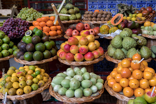 Fresh exotic fruits in Mercado Dos Lavradores. Funchal  Madeira  Portugal