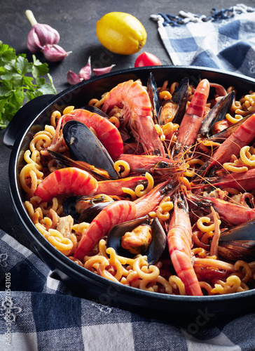 Spanish Fideua, a noodle Paella with seafood