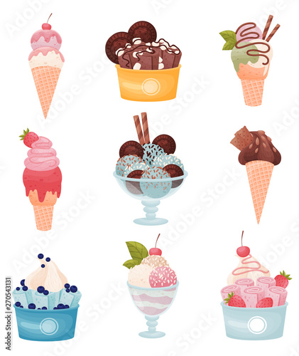 Set of images of ice cream in different forms. Vector illustration on white background.