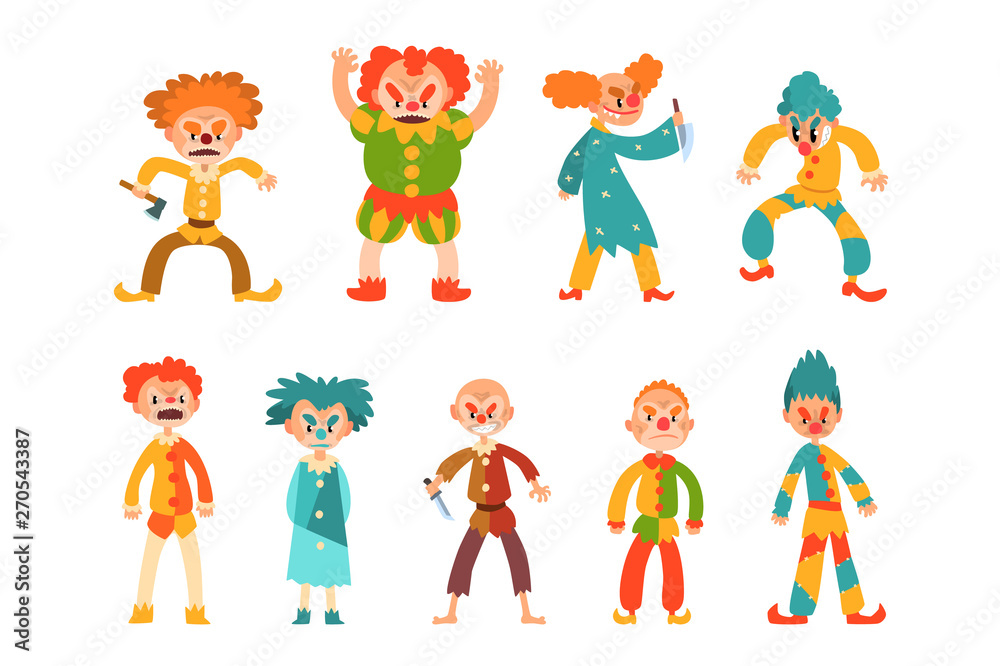 Flat vector set of evil clowns. Scary men in colorful costumes and weapon  in hands. Cartoon characters with makeup on faces and crazy hair Stock  Vector | Adobe Stock