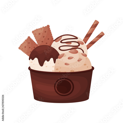 Chocolate balls ice cream in a brown cardboard bowl. Vector illustration on white background.