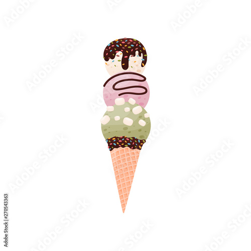 Three balls of ice cream in a waffle cone. Vector illustration on white background.